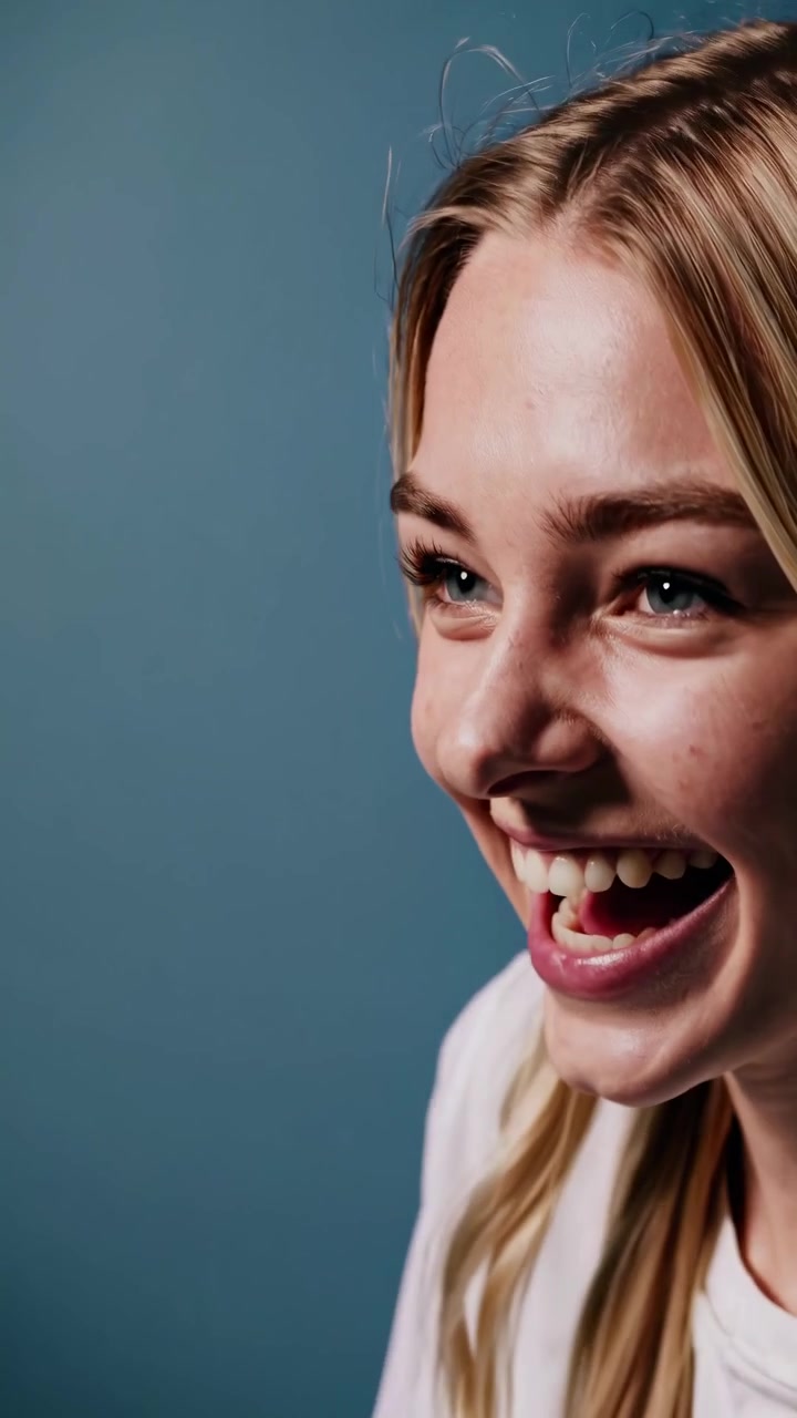 Happy Young Woman Laughing with Joy on Blue Background