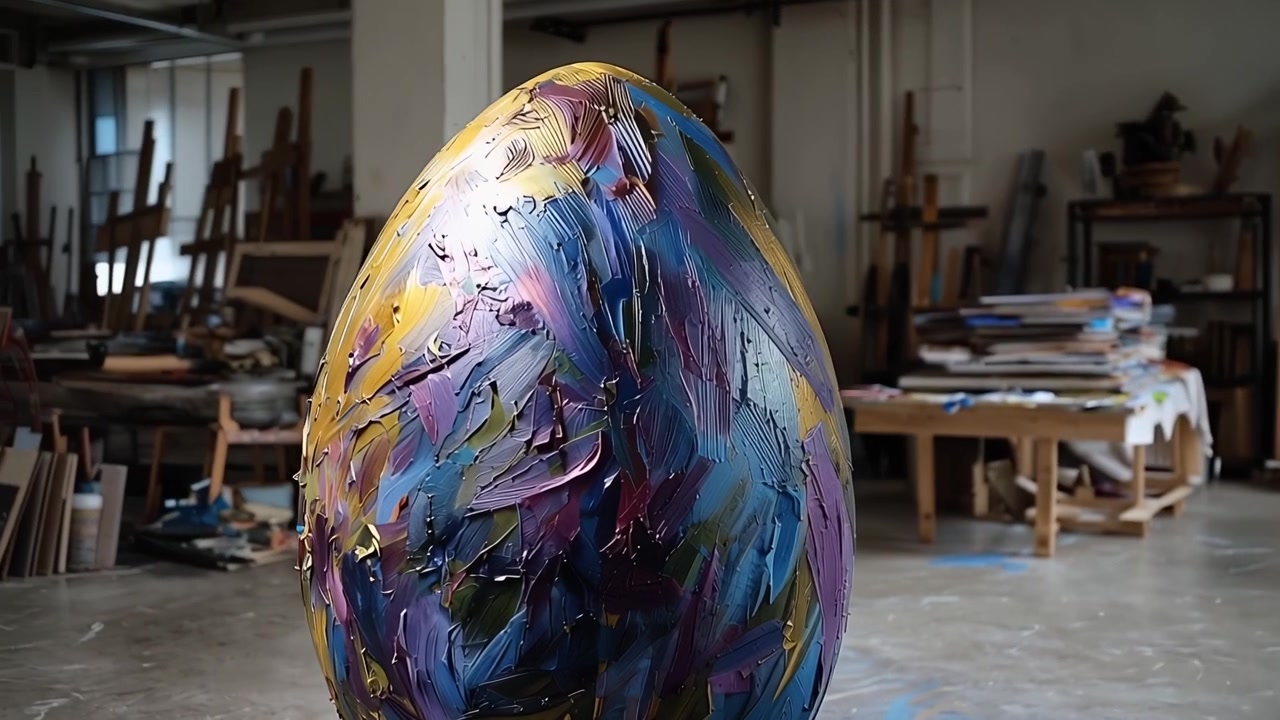 Gran instalación artística de un huevo pintado de colores en un estudio de artista.