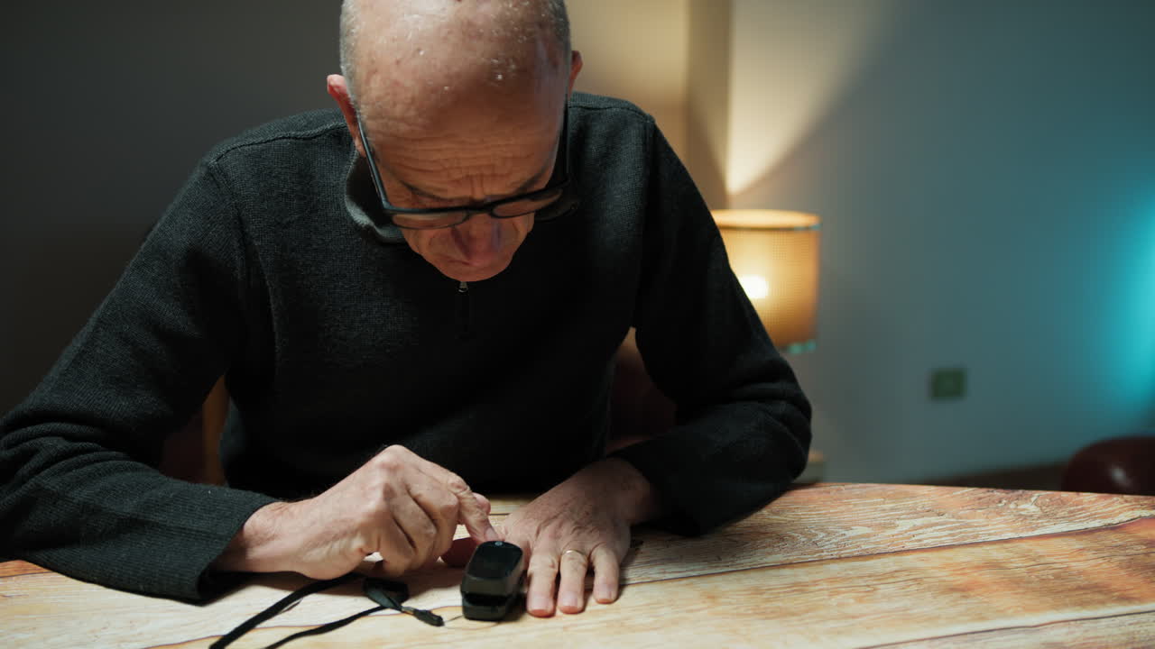Man Measures His Oxygen Saturation at Home with a Pulse Oximeter