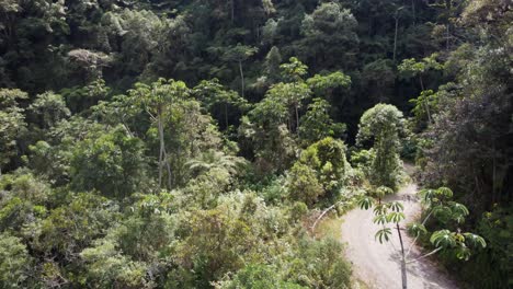 Aerial:-Cyclist-descends-twisty-mountain-road,-steep-Bolivia-mountains