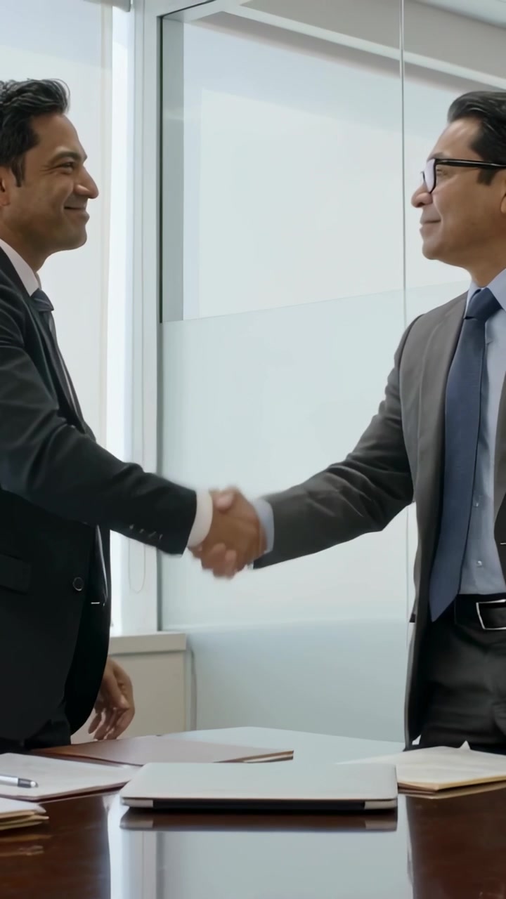 Video vertical: Colocando una carpeta sobre un portátil cerrado, hombres de traje dándose la mano cerrando un trato, sala de juntas.