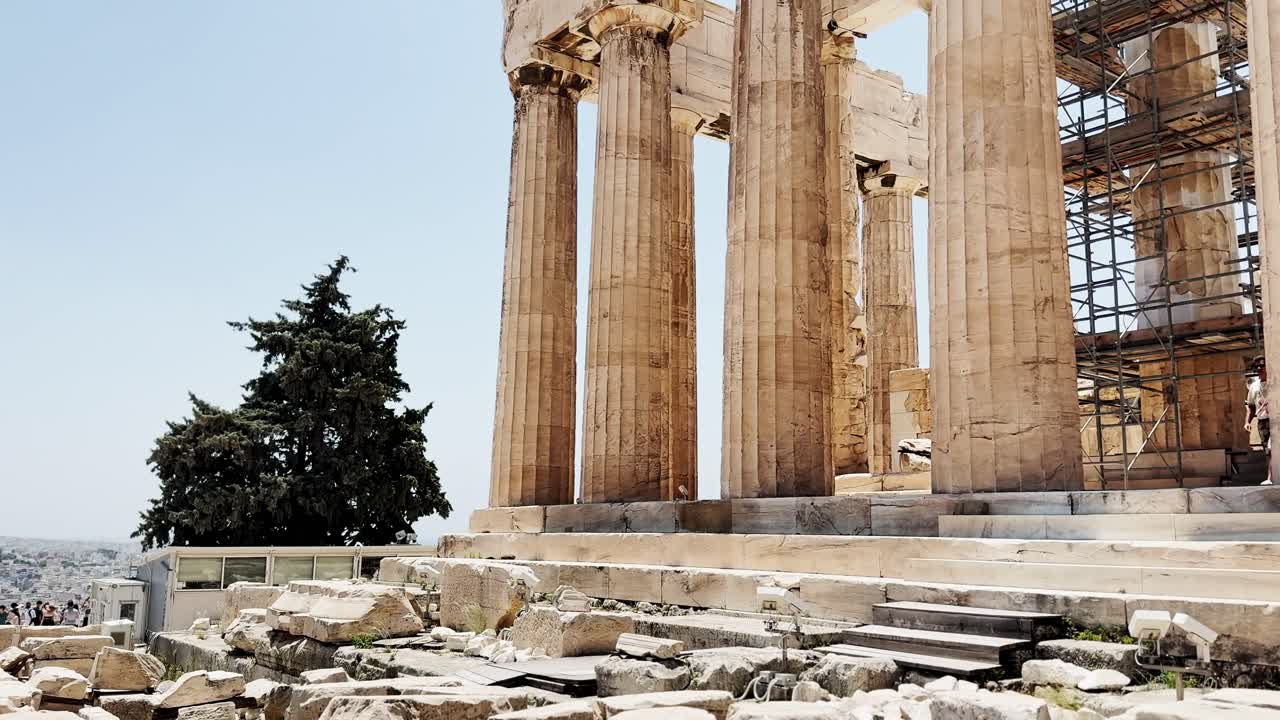 View of the Acropolis with Tourists and Ancient Ruins, Athens, Greece