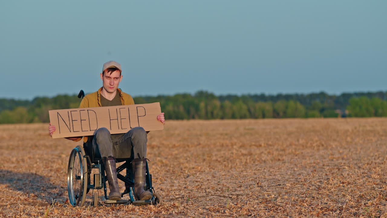 hombre en silla de ruedas pidiendo ayuda en un campo