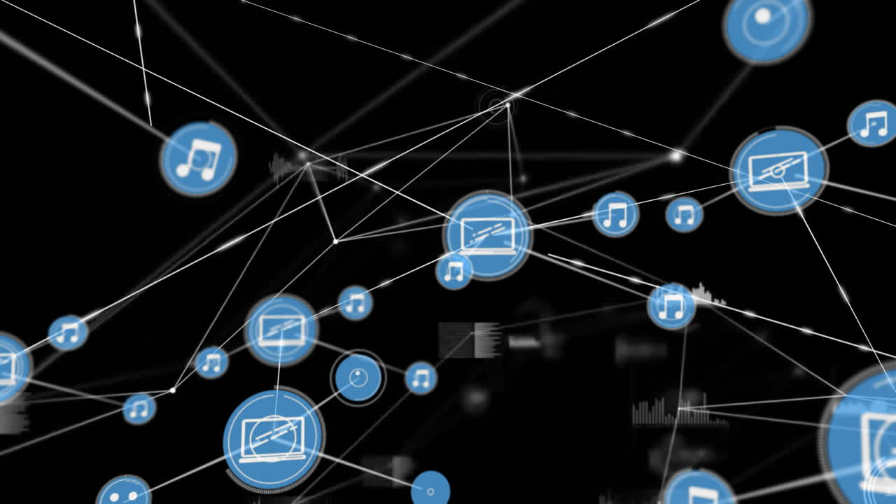 animação de rede de ícones e conexões multimídia sobre fundo preto