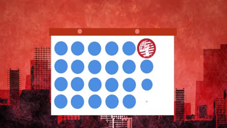 Animation-of-calendar-over-cityscape-on-red-background