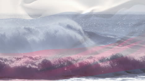 digital composition russia flag waving against aerial view of waves in the sea