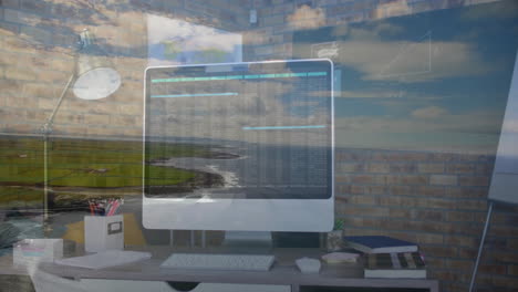 displaying data processing animation, computer screen on desk with scenic landscape view