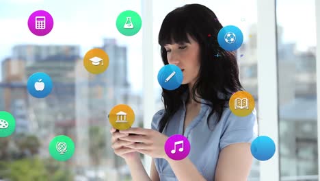 animación de iconos coloridos sobre mujer caucásica usando teléfono inteligente