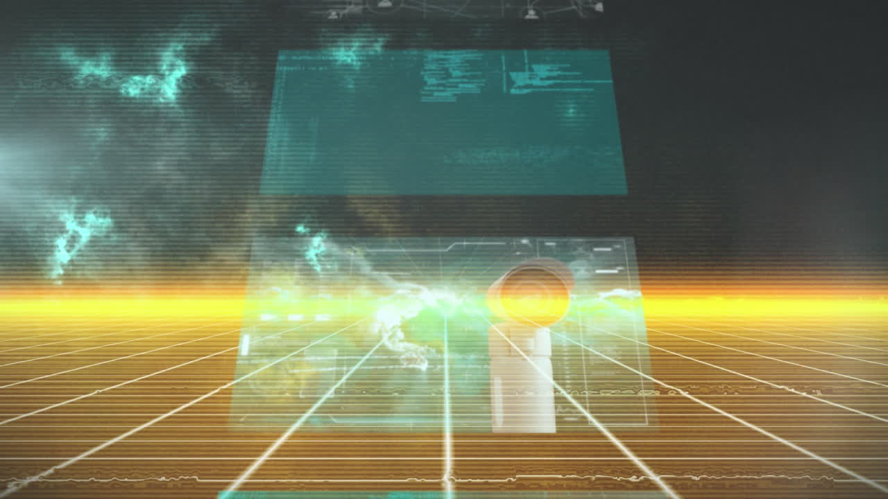 오렌지색 이동 그리드와 파란색 구름 위의 디지털 인터페이스 화면의 애니메이션