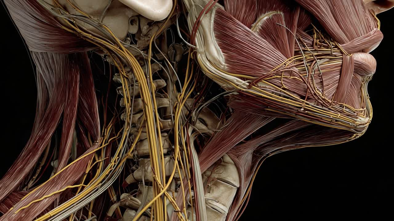 Studio dettagliato dell'anatomia del collo umano con muscoli, nervi e strutture vascolari, mettendo in mostra l'intricata connettività e il design biologico.