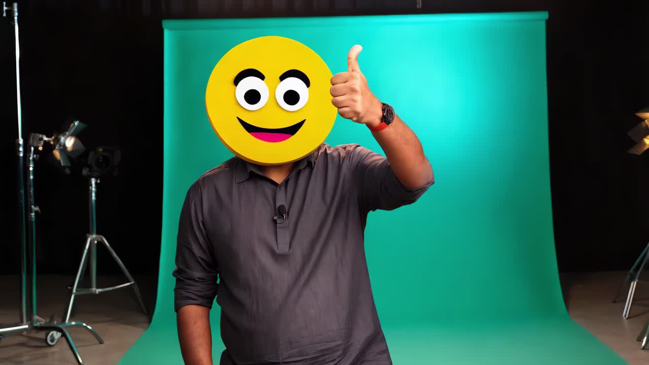 persona con máscara de cara sonriente dando pulgares hacia arriba en la pantalla verde