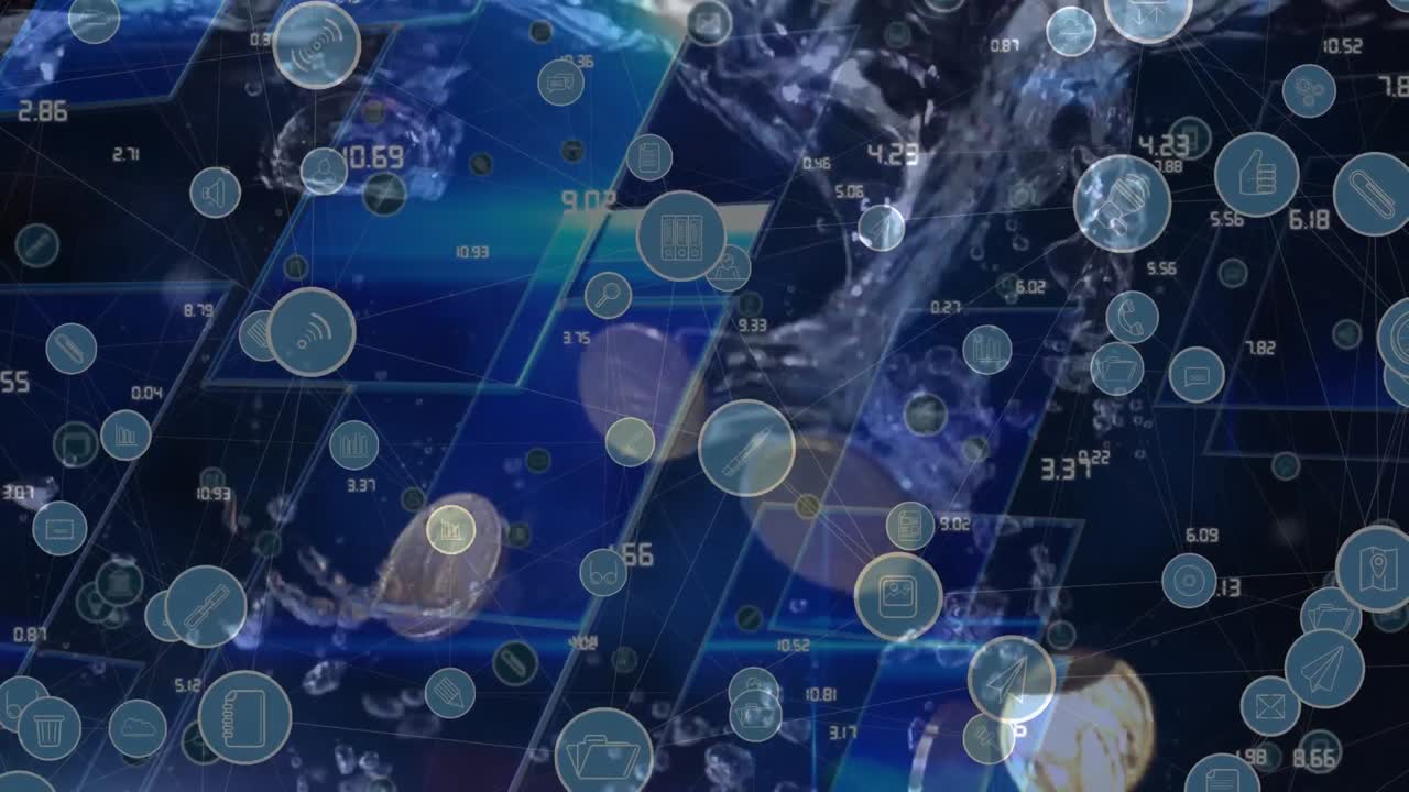 파란색 디지털 화면과 배경의 물 위에 디지털 아이콘의 애니메이션