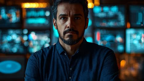 a man standing in front of multiple monitors in a dark room