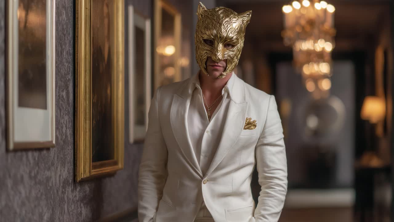 A Mysterious Figure in a Golden Mask and Elegant Attire Strolling Through an Opulent Hallway, Surrounded by Glamorous D?cor and Soft Lighting