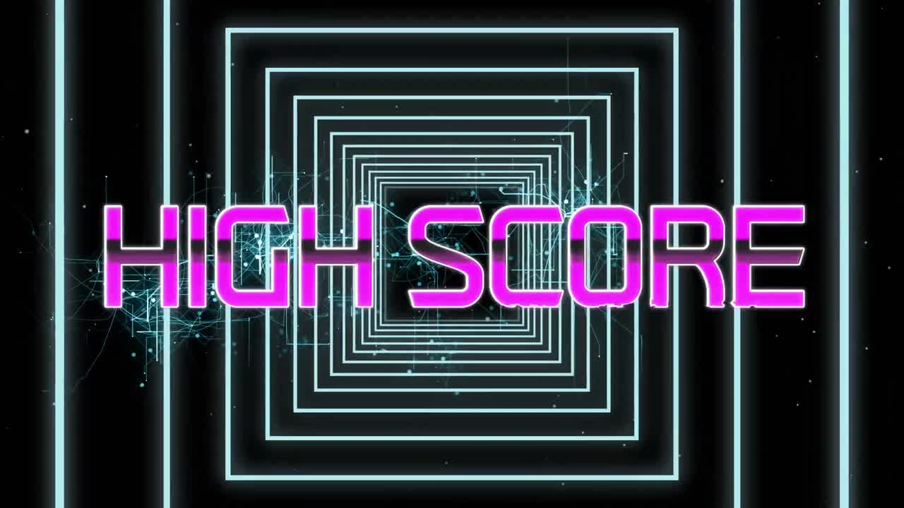 Purple high score text against neon squares in seamless motion on black background