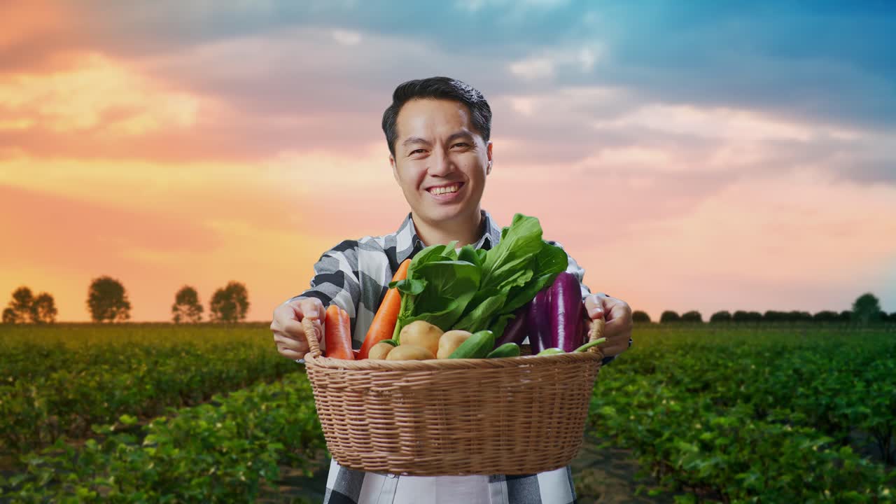 아시아 남성 농부 가 야채 와 함께 바구니 를 주고  에서 따뜻 한 미소