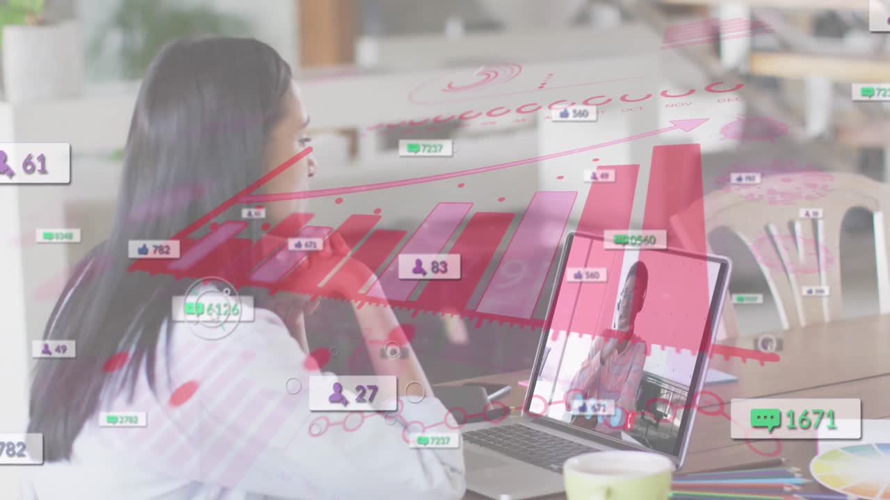 사무실에서 노트북으로 비디오 통화를 하는 두 인종 여성에 대한 소셜 미디어 아이콘의 애니메이션