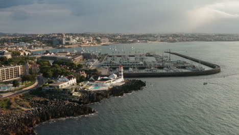 aerial drone shot of the city of cascais on the coast of portugal