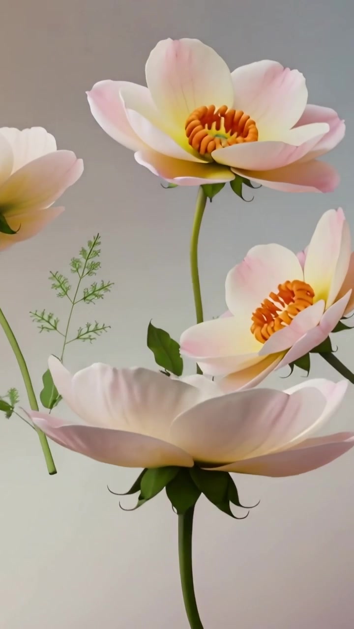Video verticale: Panoramica della telecamera, fiori rosa che si muovono in studio per creare profondità, centri arancioni, steli verdi.