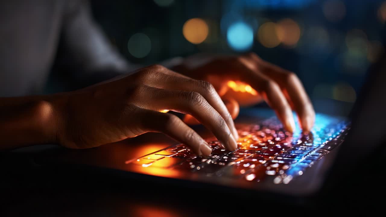 A close-up view of hands typing on a backlit laptop keyboard against a blurred city background, highlighting the glowing keys and a sense of focus and productivity during nighttime work or leisure