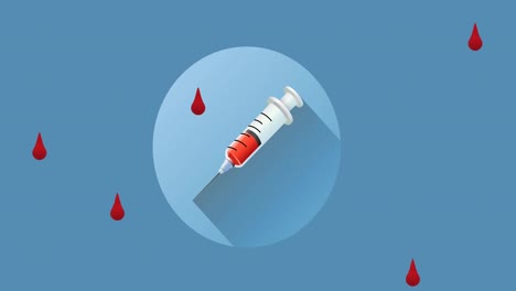 animation of red drops of blood falling over syringe on blue background