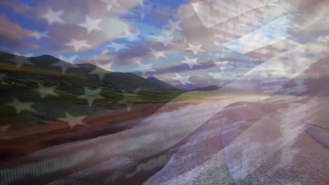 Digital-composition-of-waving-us-flag-against-aerial-view-of-the-beach-and-the-sea