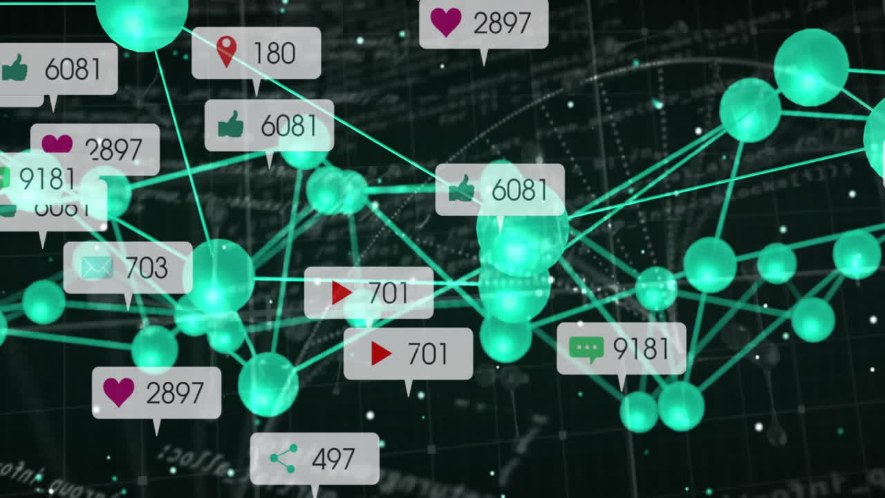 데이터 처리를 통해 소셜 미디어 텍스트 및 아이콘과 연결 네트워크의 애니메이션