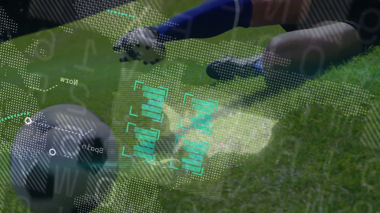 Kicking soccer ball, player with animation overlay on grassy field