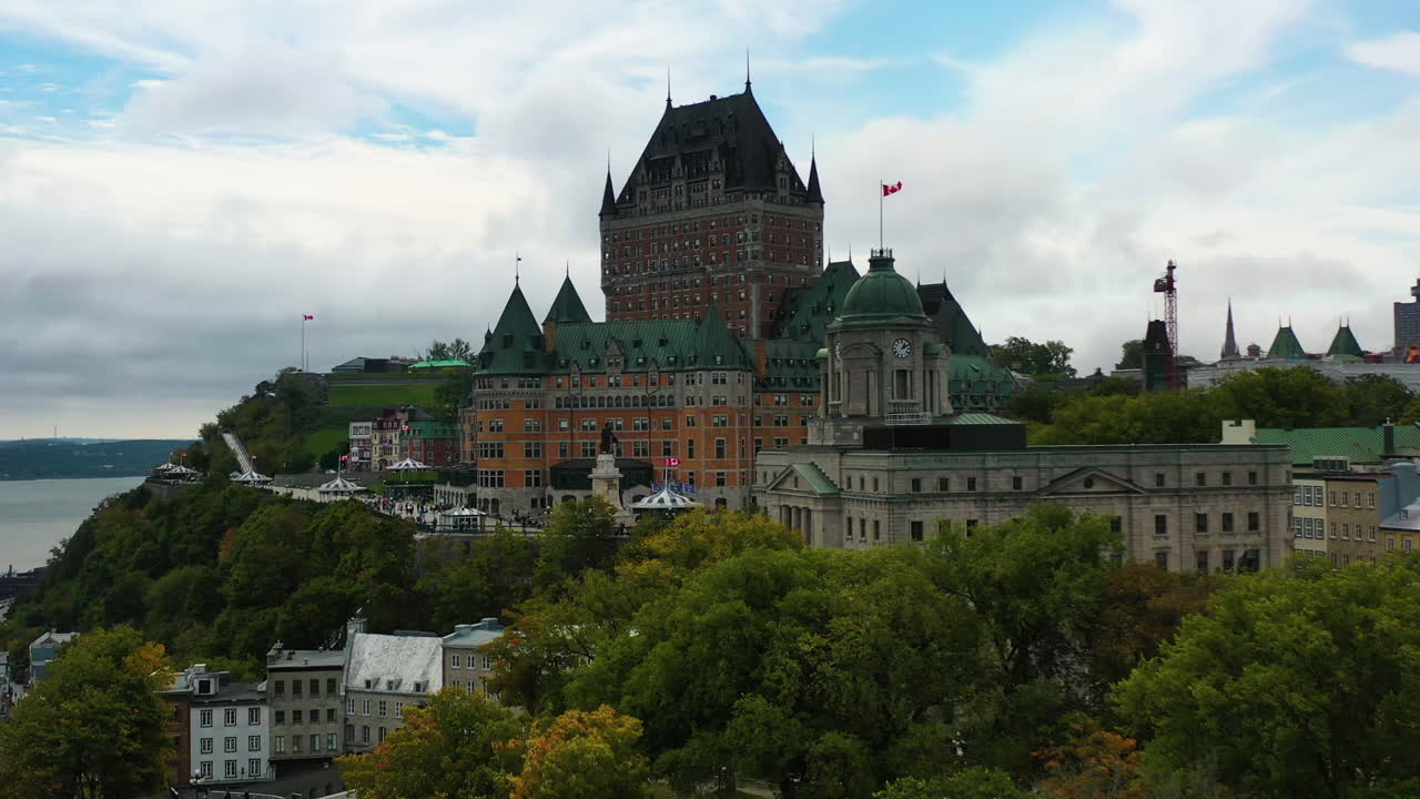 Aerial view rising toward the Fairmont Le Château Frontenac hotel in Quebec city
