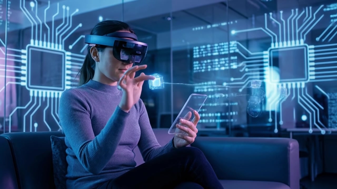 Woman using advanced virtual reality headset with futuristic holographic interface and data overlay