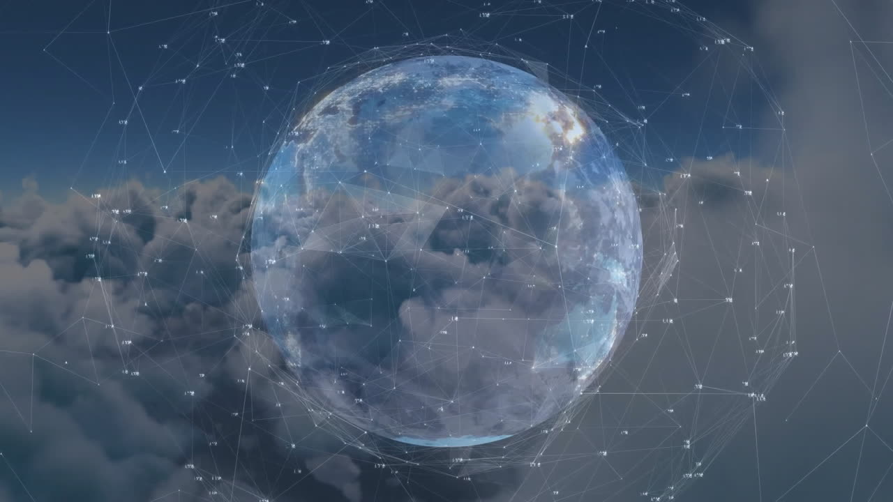Digital network connections surrounding Earth with animation over clouds in sky