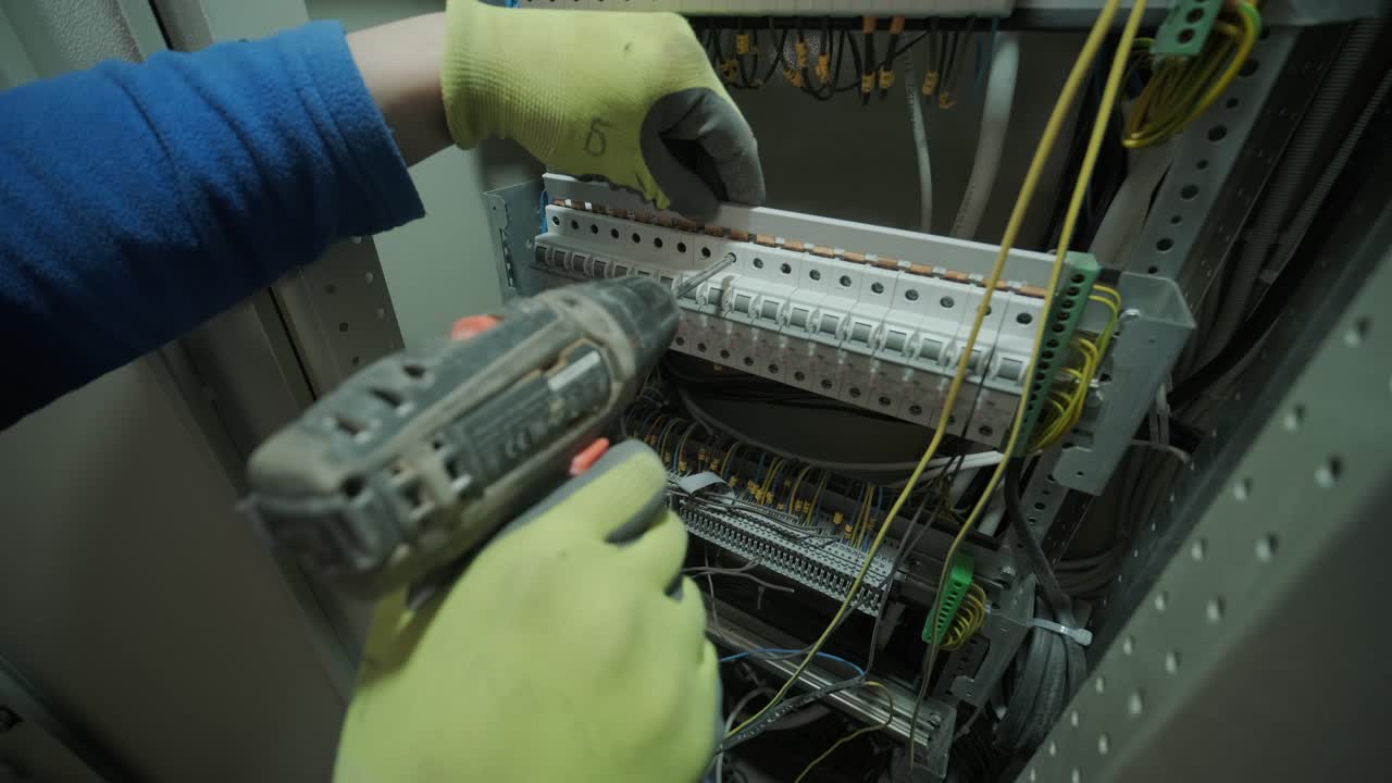 electricista trabajando en interruptores dentro del panel de control