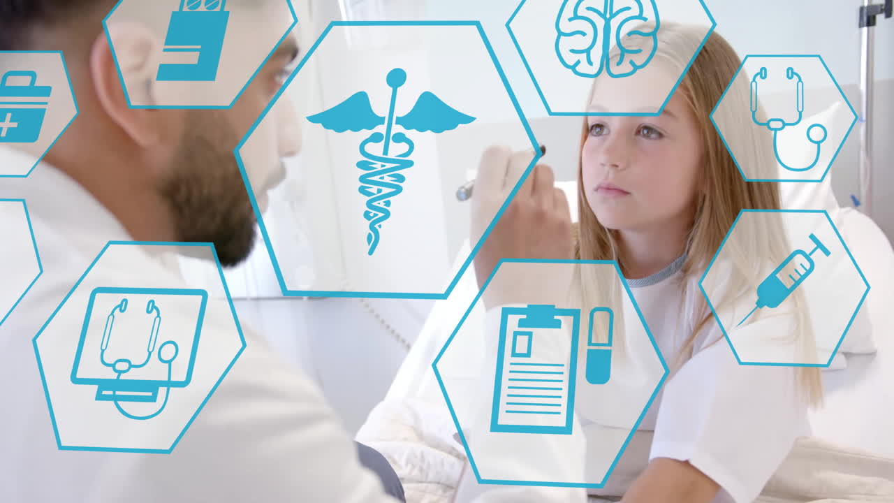 Animation of medical icons over biracial male doctor examining caucasian girl in hospital