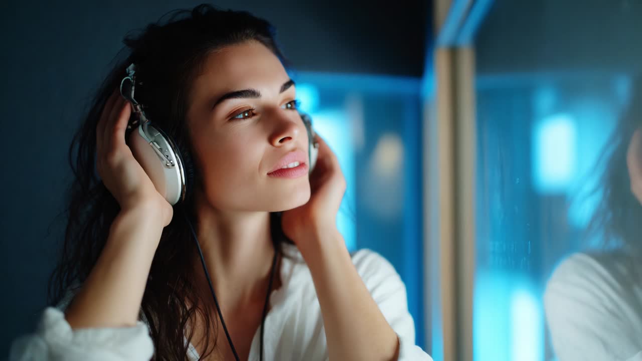 A serene moment of relaxation and deep connection with music unfolds as a woman listens intently through her headphones, lost in the melodies that transport her to another world, enveloped in tranquility