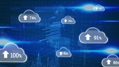 Animación-De-Iconos-De-Nubes-Y-Procesamiento-De-Datos-Sobre-Fondo-Oscuro