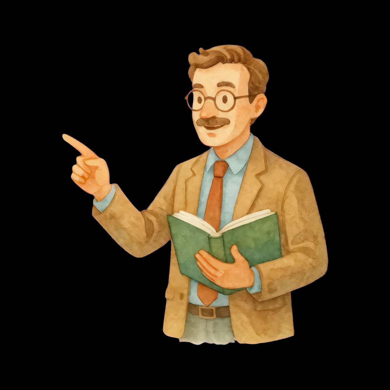 Illustration teacher pointing book animation isolated asset, transparent 4K video, alpha channel