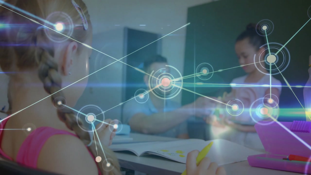 Teacher passing pencil to student in classroom starting transparent overlay linking nodes and lines