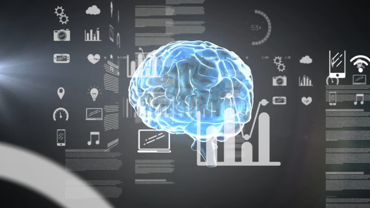 Animation of digital brain hologram with data charts representing artificial intelligence