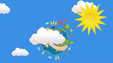 animation of arms hugging globe with plants, on blue sky with sun and clouds