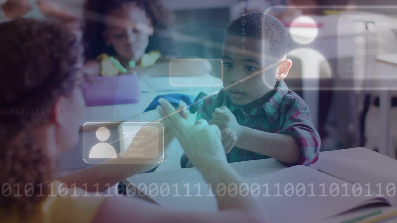Boy mimicking adult hands' finger gesture in classroom, user-icons and binary code guiding practice