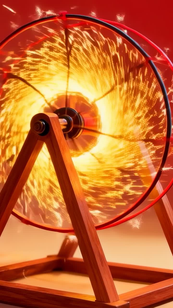 Vertical video: Spinning circular wheel on wooden support at studio, motor powering fiery vortex