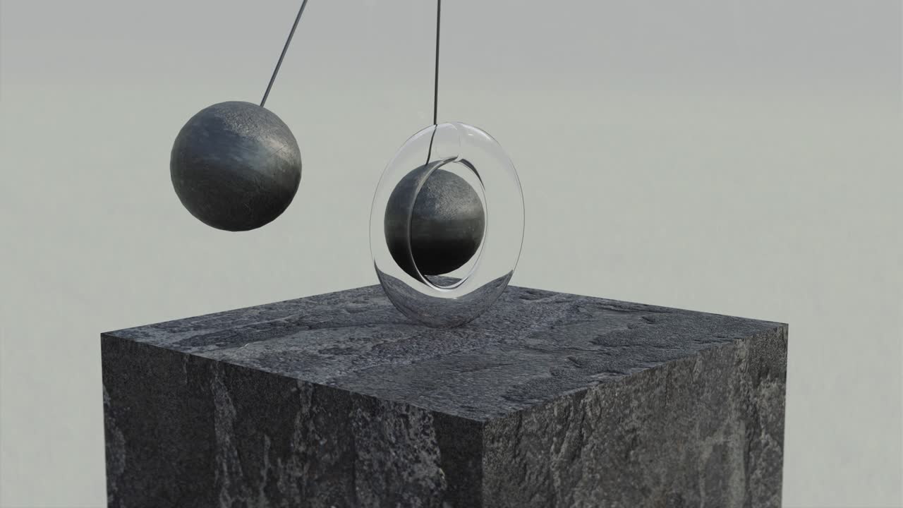 esferas de piedra balanceándose a través de un anillo giratorio, animación sin costuras con formas geométricas objetos