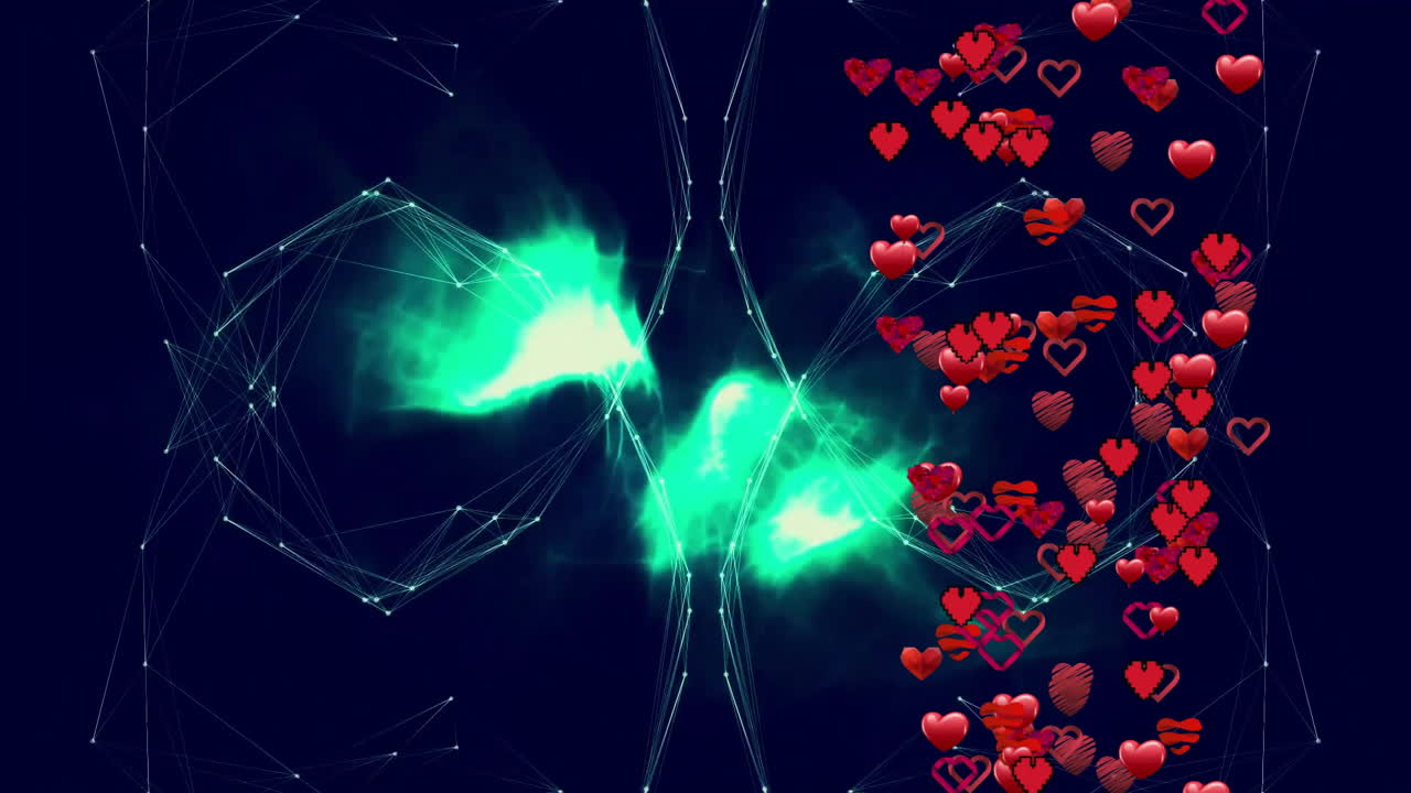 Glowing green network connections with red heart animations on dark background