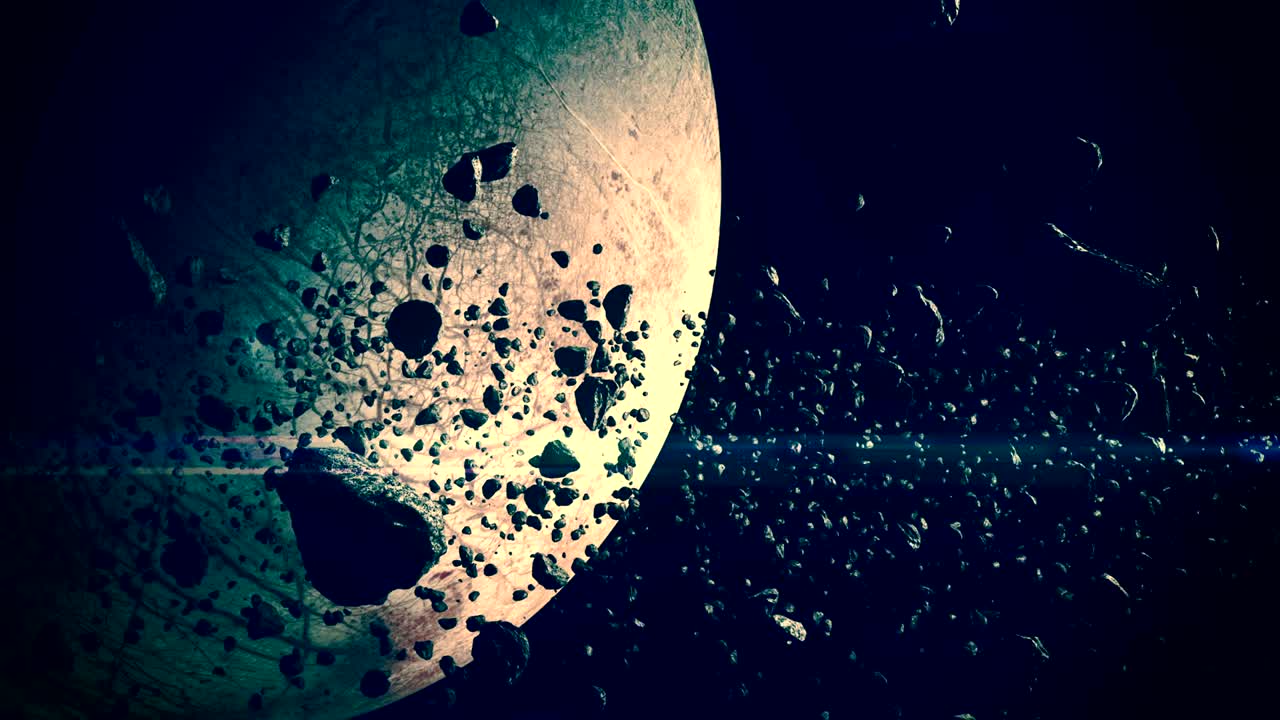 el campo de asteroides. animación en 4k cg.