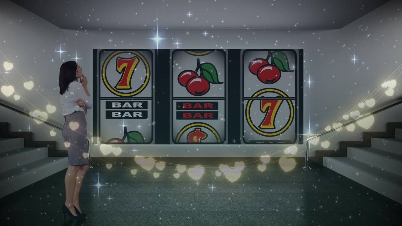 Animation of fairy lights over thoughtful caucasian businesswoman against casino slot machine