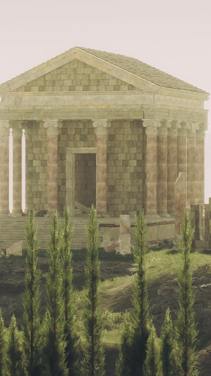 Un templo antiguo se alza entre majestuosas colinas bajo la suave luz de la mañana.