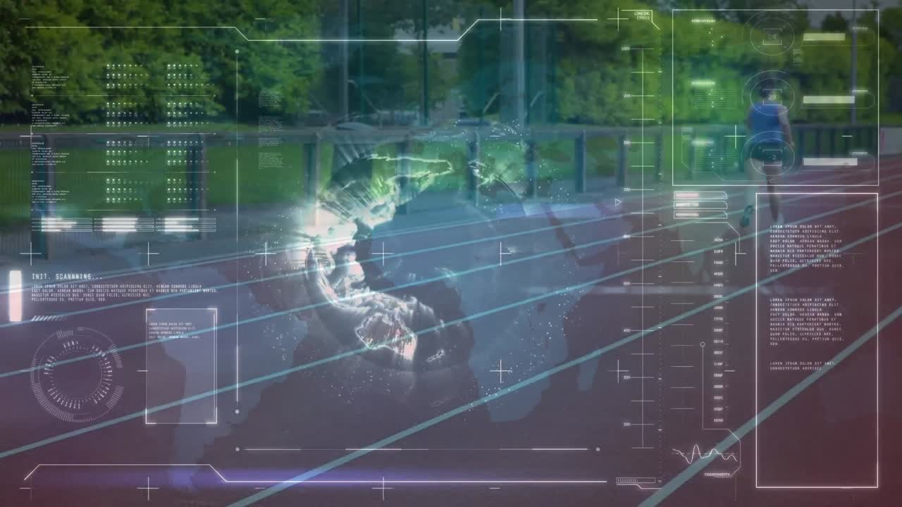 스포츠 트랙에서 달리는 여성들에 대한 디지털 인터페이스에 대한 데이터 처리 애니메이션