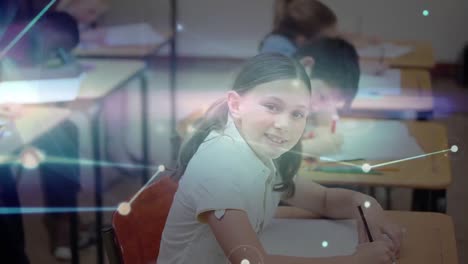 animation of network of connections over schoolgirl writing