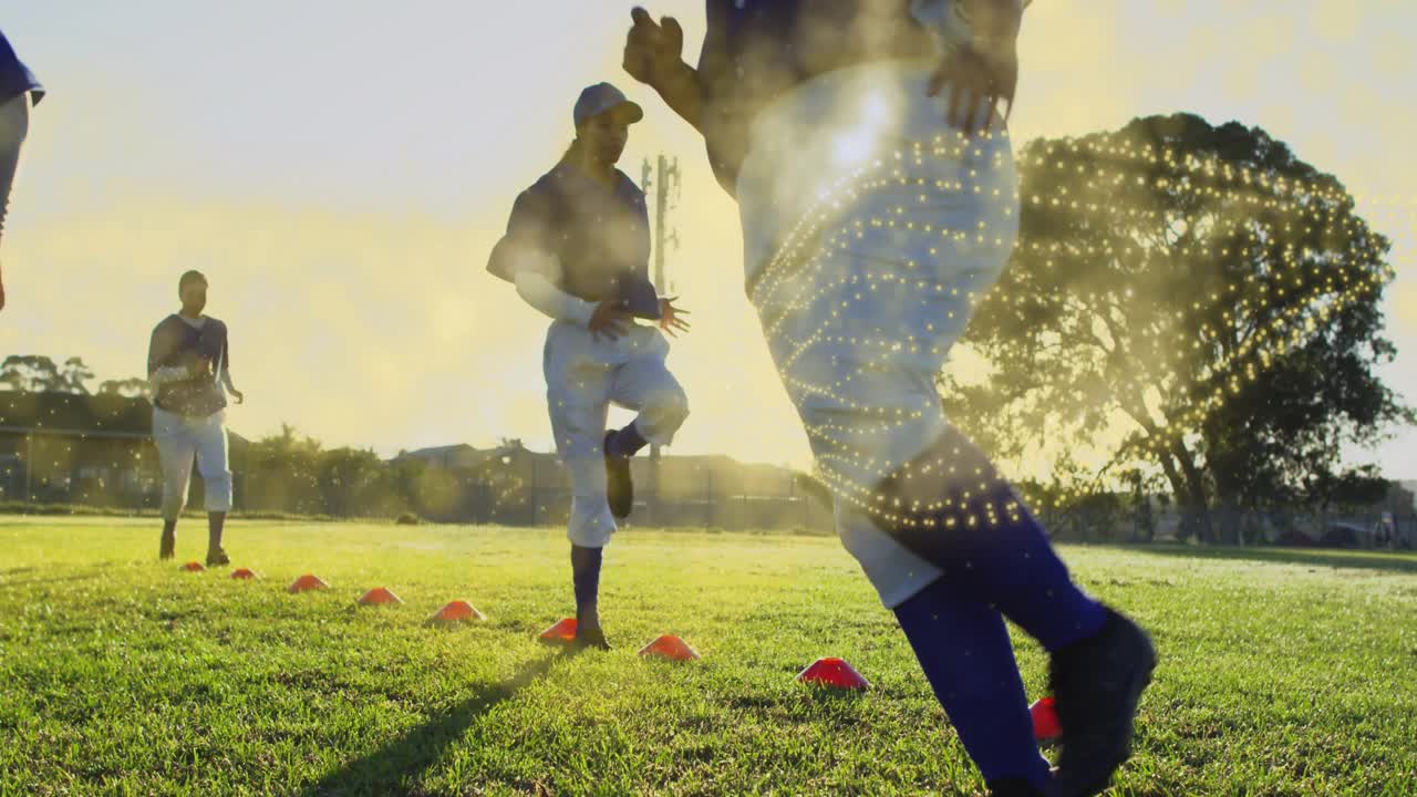 At red cones, three athletes performing fitness training with floating trails showing speed