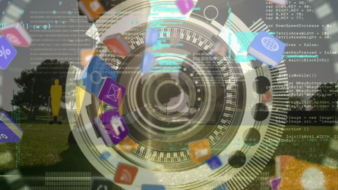 animación de iconos tecnológicos sobre el procesamiento de datos y las piernas de un jugador de fútbol caucásico